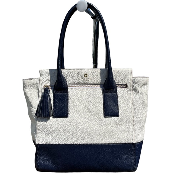 EUC Genuine Cow Leather Navy Blue & Off-white kate spade Tote. Gold Hardware 💙 - Picture 3 of 6